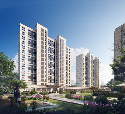 Residential Community With High Rise Buildings And Lush Landscaping 3d model