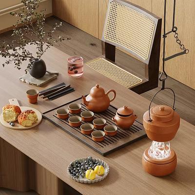 Brown Ceramic Tea Set With Teapot Teacups Tray And Pastries On Wooden Table 3d model