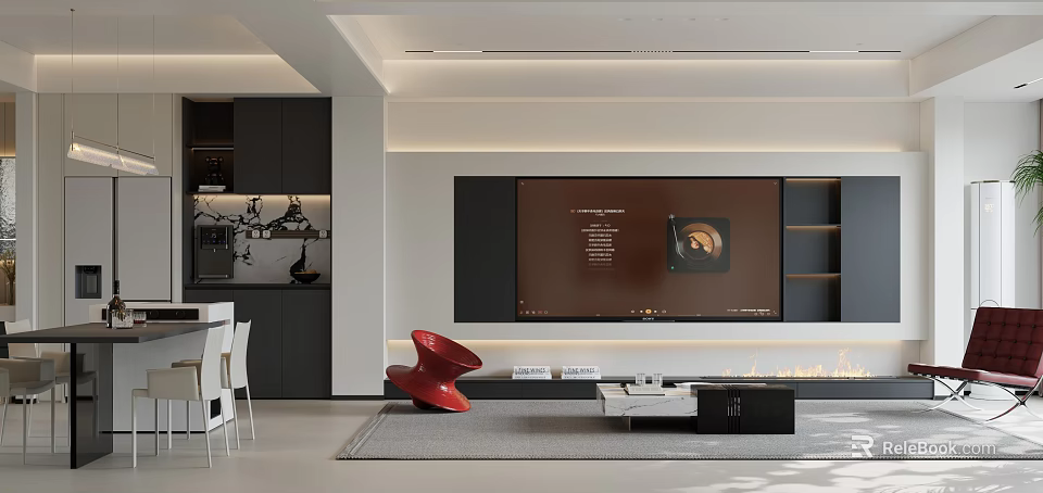 Modern Living Dining Room Interior Design With TV Wall Dining Table And Neutral Tones 3d model 