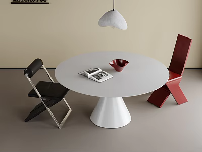 Modern White Round Table And Chair Set With Black Red Chairs Hanging Lamp And Book 3d model