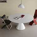 Modern White Round Table And Chair Set With Black Red Chairs Hanging Lamp And Book