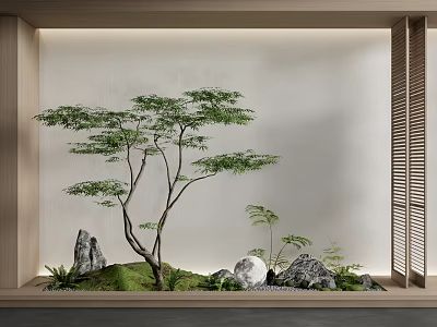 Indoor Landscape Design With Green Tree Stones Lawn Light Wall And Wooden Frame 3d model