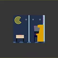 Colorful Pac-Man Themed Game Room Interior With Pinball Machine Arcade Cabinet And Board Game Table