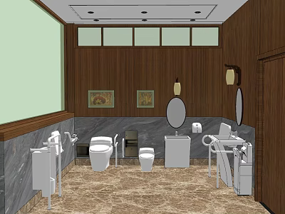 Hotel Bathroom Interior With Wooden Walls Marble Countertops Mirrors Toilets And Sinks 3d model