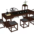 Traditional Chinese Solid Wood Tea Table with Chairs Small Stools and Tea Set Decoration 3d model