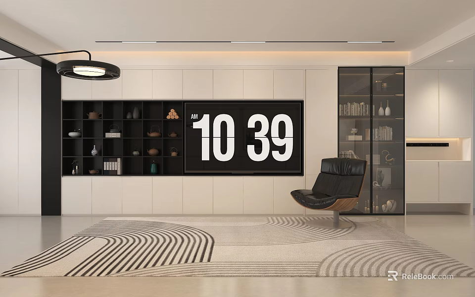 Modern TV Stand Interior Design With Open Shelves Closed Cabinets And Decorative Items 3d model 