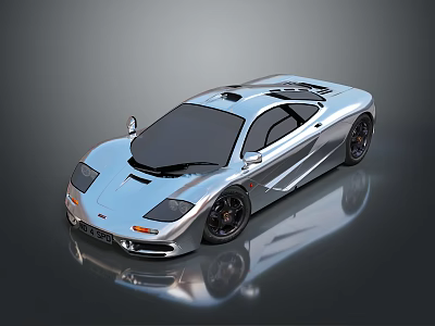 Silver Sleek Sports Car With Black Wheels And Glossy Surface Reflection 3d model