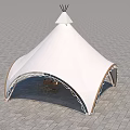 Outdoor White Tent Structure With Decorative Arch And Dining Tables Chairs On Stone Pavement