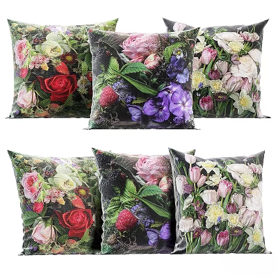 Colorful Floral Throw Pillows With Red Roses Purple Flowers And Green Leaves For Home Decor 3d model