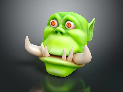 Fierce Green Goblin Monster Head With Red Eyes Pointed Ears And Large Tusks 3d model