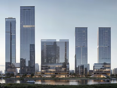 Modern High Rise Commercial Complex With Glass Facades And Riverfront Urban Design 3d model