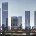 Modern High Rise Commercial Complex With Glass Facades And Riverfront Urban Design