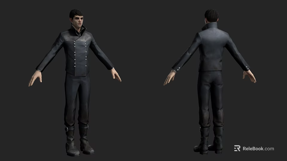 Man In Black Outfit With Button Details 3D Model Front And Back Views 3d model 