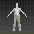 Male Figure In White Tank Top Camouflage Pants With Arm Tattoos Standing On Gray Background