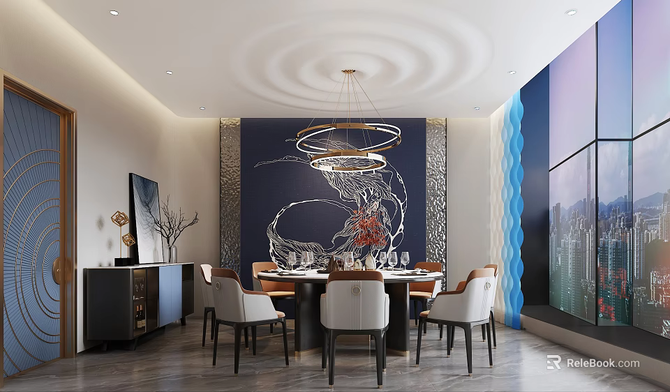 Elegant Private Dining Room With Artistic Backdrop And City View 3d model