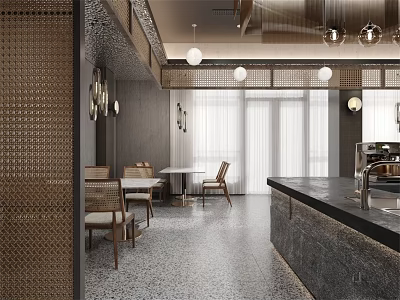 Modern Café Interior Featuring Perforated Metal Wall Wooden Tables Bar Counter And Pendant Lights 3d model