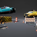 Public Facilities Collection With Trash Bins Traffic Cones Road Barriers And Advertising Banners