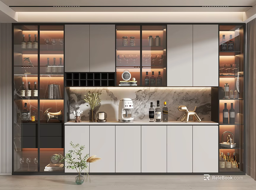 Modern Wine Cabinet With Glass Doors LED Lighting And Marble Backsplash In Kitchen Design 3d model 