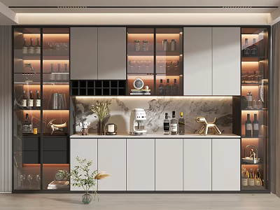 Modern Wine Cabinet With Glass Doors LED Lighting And Marble Backsplash In Kitchen Design 3d model