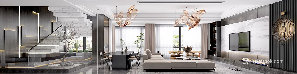 Modern Living and Dining Room Interior With Chandeliers Large Windows Dining Table Sofa and Plants 3d model 