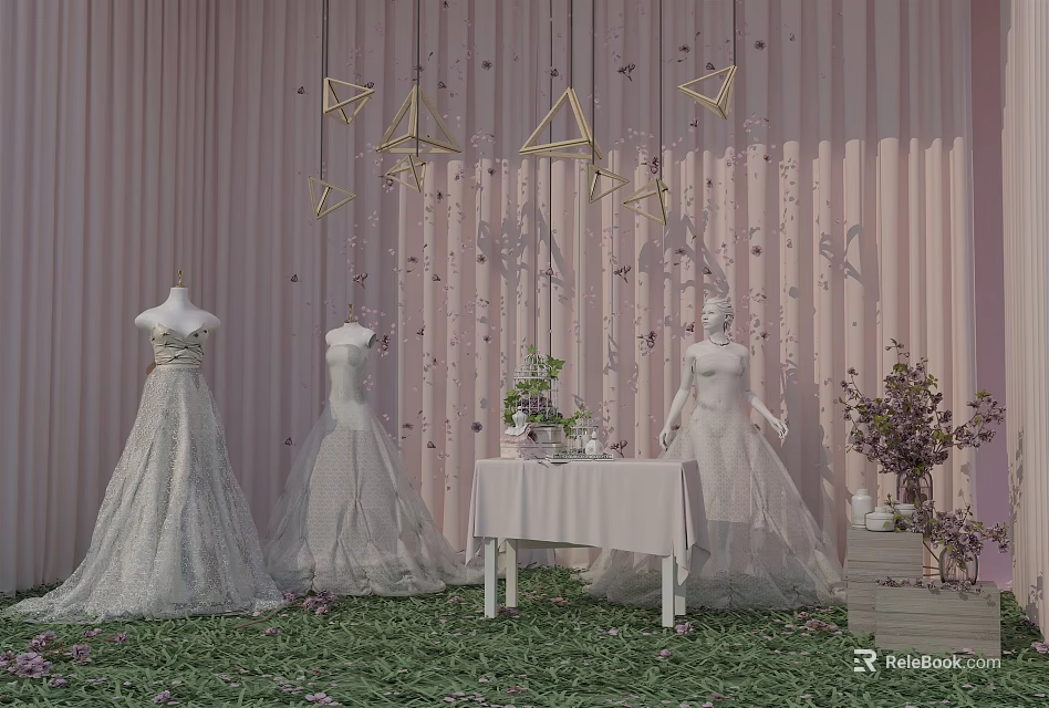 Three White Wedding Dress Mannequins Display With Pink Background Geometric Decorations Table Flowers And Greenery 3d model 