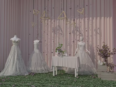 Three White Wedding Dress Mannequins Display With Pink Background Geometric Decorations Table Flowers And Greenery 3d model
