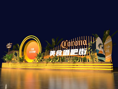 Best Photo Check in Spot at Food Bar Street with Neon Lights Surfboards and Palm Trees 3d model