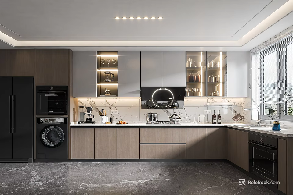 Modern Kitchen Interior Design With Island Counter Cabinets And Stainless Steel Appliances 3d model 
