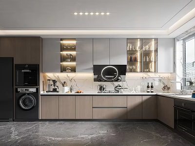 Modern Kitchen Interior Design With Island Counter Cabinets And Stainless Steel Appliances 3d model