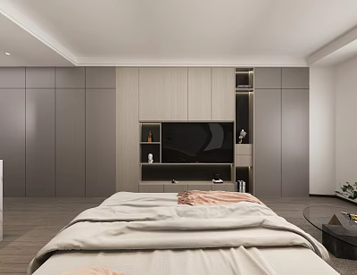 Modern Apartment Bedroom Featuring Light Wood Grey Wall Built in Storage And Flat Screen TV 3d model