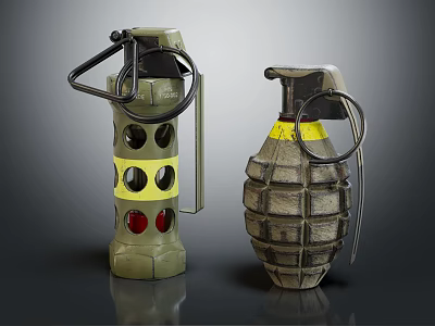 Vintage Military Hand Grenades With Green Yellow Rings And Textured Surface 3d model