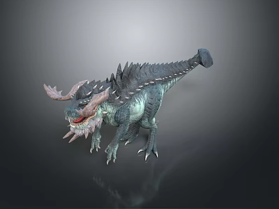Detailed 3D Fantasy Creature With Horns Spikes Sharp Teeth And Blue Green Skin 3d model