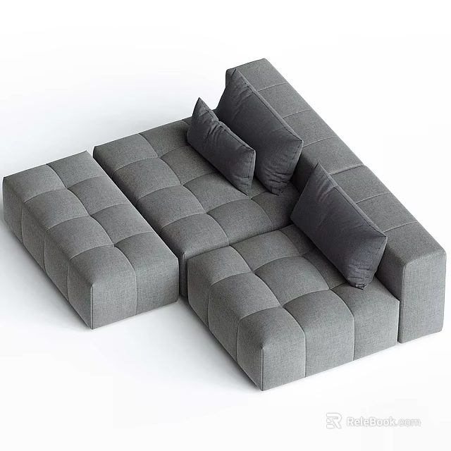 Modern Gray Modular Sectional Sofa with Tufted Square Fabric Cushions and Decorative Pillows 3d model 