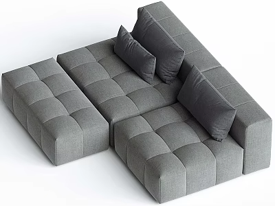 Modern Gray Modular Sectional Sofa with Tufted Square Fabric Cushions and Decorative Pillows 3d model