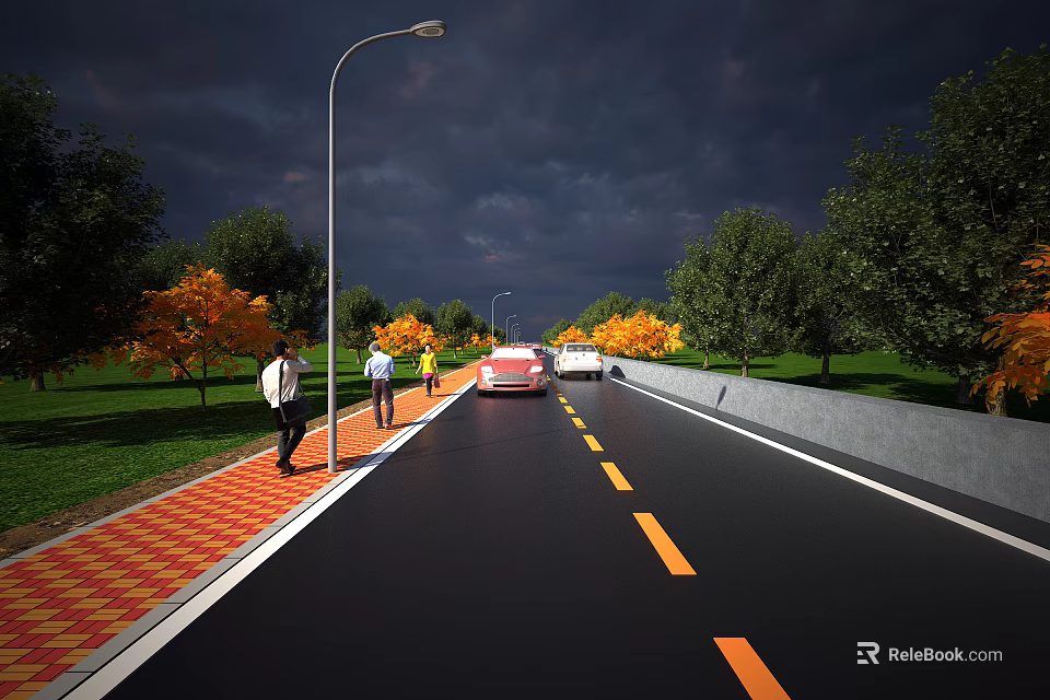 Road Facilities Featuring Red Pedestrian Walkway Street Lights Yellow Lane Markings And Trees 3d model 