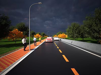 Road Facilities Featuring Red Pedestrian Walkway Street Lights Yellow Lane Markings And Trees 3d model