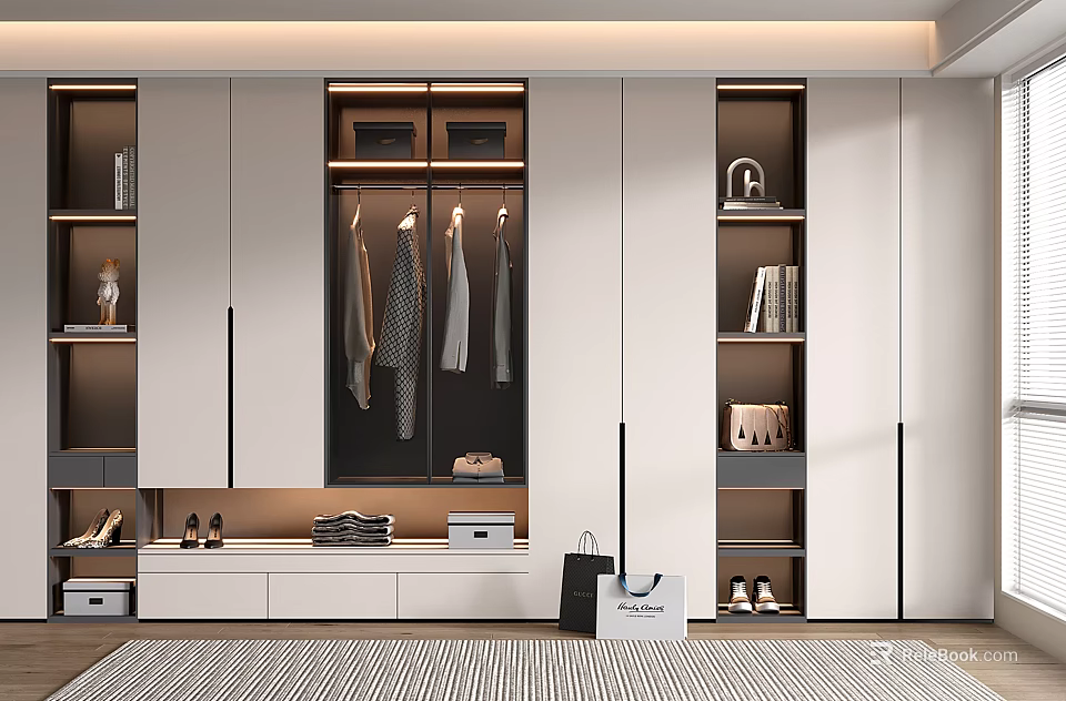 Modern Wardrobe Interior Design With Hanging Clothes Storage Compartments Shoes Bags And Drawers 3d model 