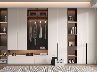 Modern Wardrobe Interior Design With Hanging Clothes Storage Compartments Shoes Bags And Drawers 3d model