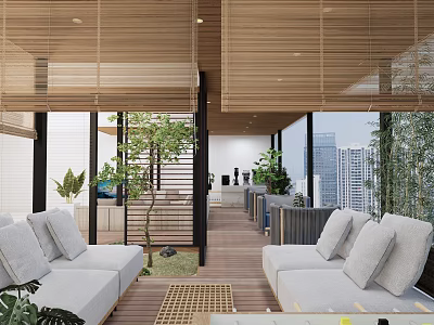 Modern Lounge With Green Plants City View Light Gray Sofas And Wooden Details 3d model