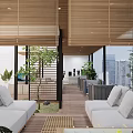 Modern Lounge With Green Plants City View Light Gray Sofas And Wooden Details