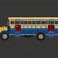 Vintage Yellow And Blue Toy Bus Model With Gray Roof And Open Doors