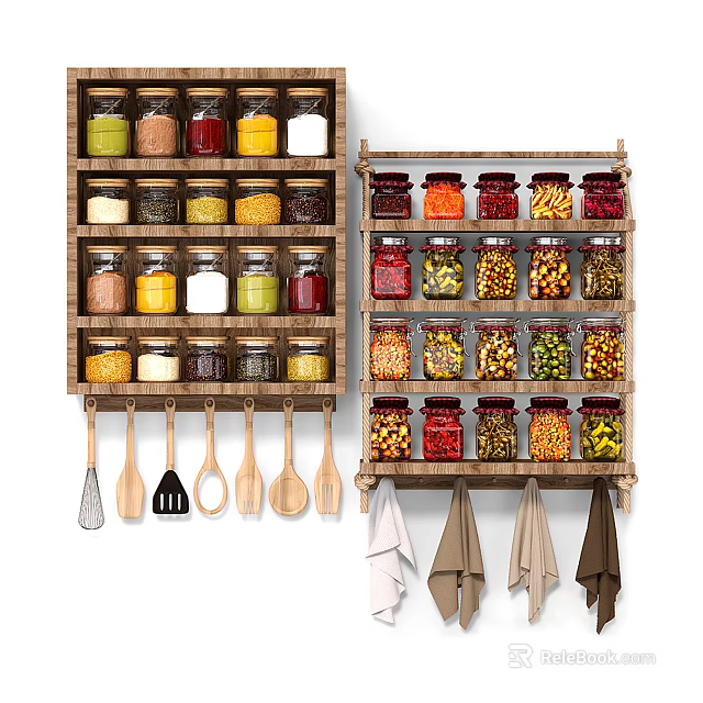 Neatly Arranged Colorful Spice Jars on Wooden Kitchen Shelves with Hanging Spoons 3d model 