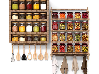 Neatly Arranged Colorful Spice Jars on Wooden Kitchen Shelves with Hanging Spoons 3d model