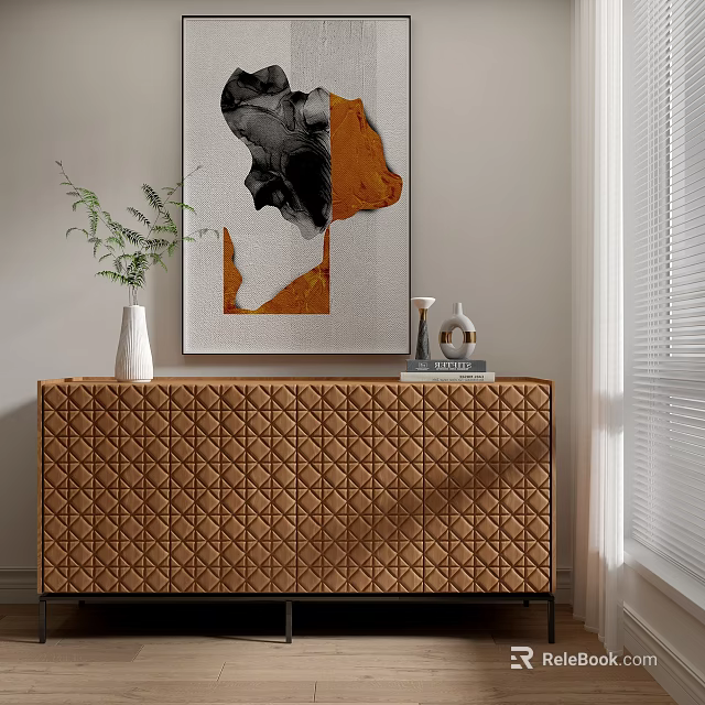 Modern Entryway Console Table With Brown Quilted Design Decorative Vase Green Plant And Abstract Artwork 3d model 