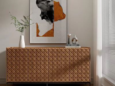 Modern Entryway Console Table With Brown Quilted Design Decorative Vase Green Plant And Abstract Artwork 3d model