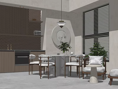 Modern Restaurant Interior With Open Layout Marble Table Wooden Chairs Green Plants And Blinds 3d model