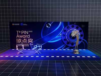 T+PIN Award 2022 Stage Setup With Blue Backdrop Film Reel Trophy And Chairs 3d model