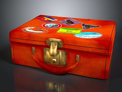 Orange Vintage Storage Box With Colorful Stickers Metal Lock And Handle 3d model