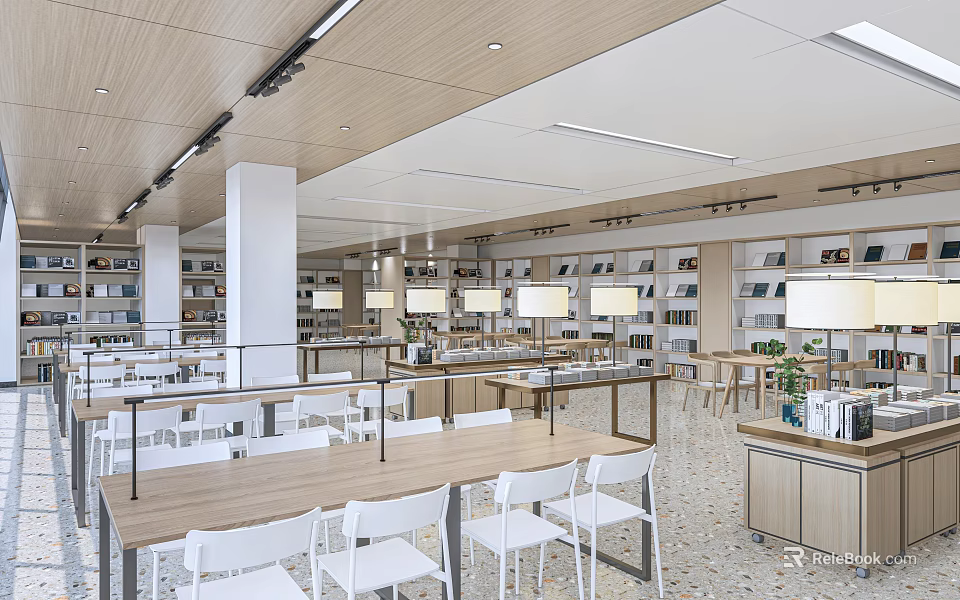 Book Art Inspired Modern Library Interior With Wooden Tables White Chairs And Bookshelves 3d model 