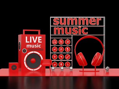 Summer Music Themed Art Installation with Live Music Sign Red Speakers and Headphones 3d model